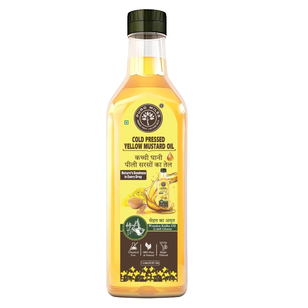 Cold wood pressed yellow mustard oil in glass bottle – mild and pure cooking oil